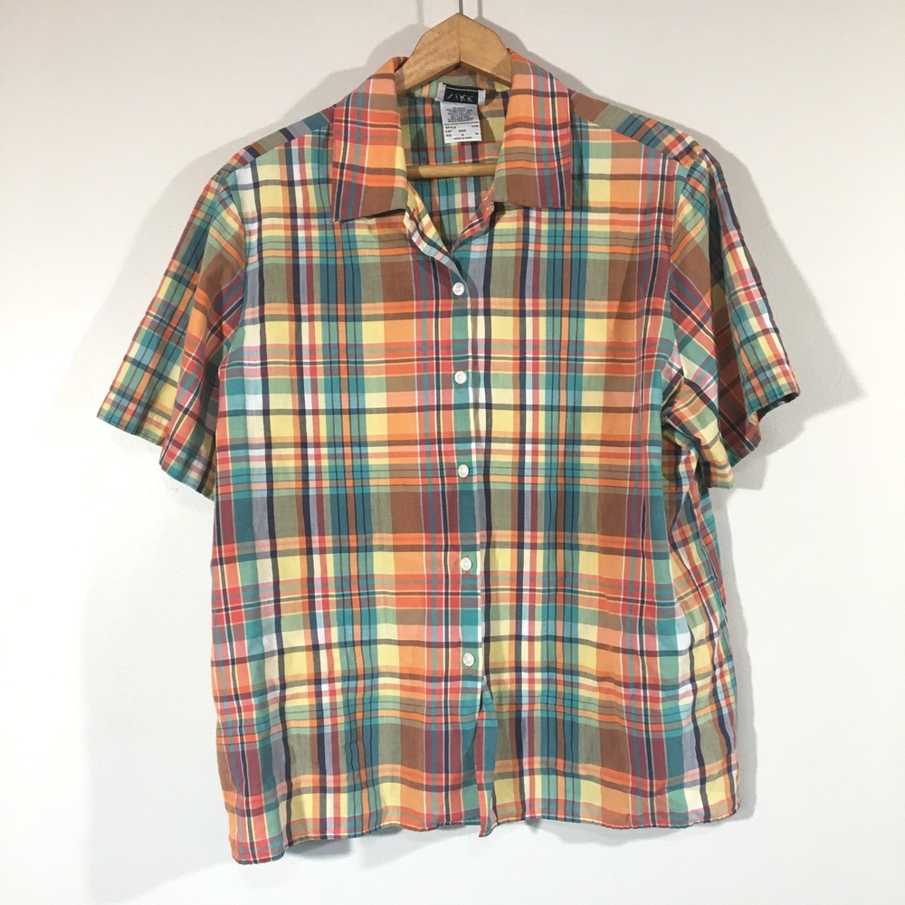 Nikki Plaid Short Sleeve Button Up Shirt Womans Plus Size 18 Orange Green Yellow